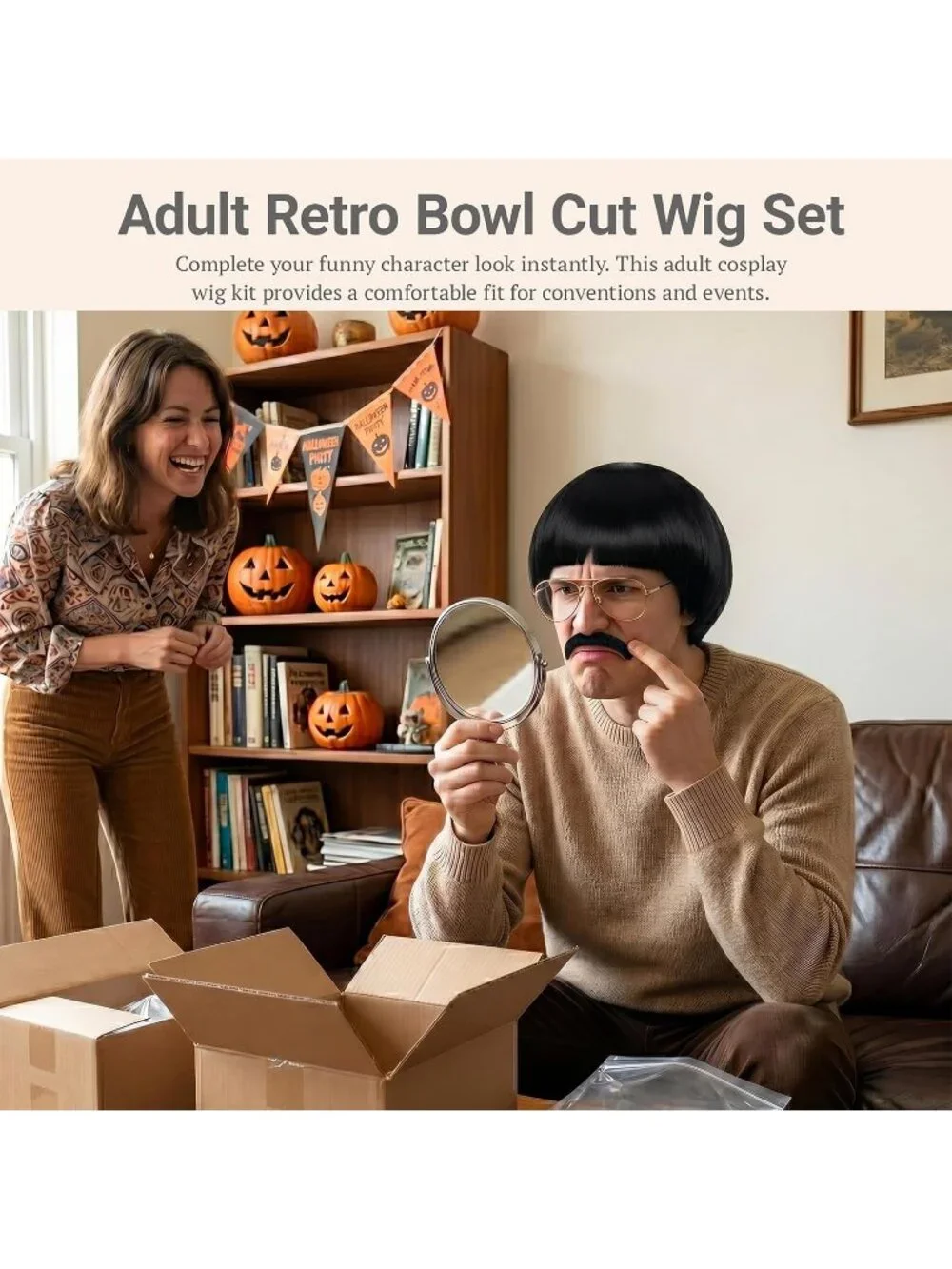 Mens Dark Retro Bowl Cut Straight Synthetic Classic Mushroom Hairpiece Bangs Wig